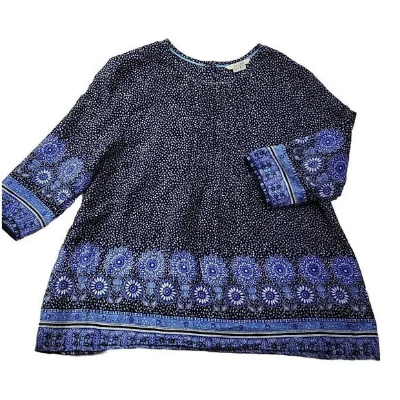 Boden Women 10 Navy Floral Blouse Pin Tucked Front Sheer 3/4 Sleeve Cottage Core - Picture 1 of 11